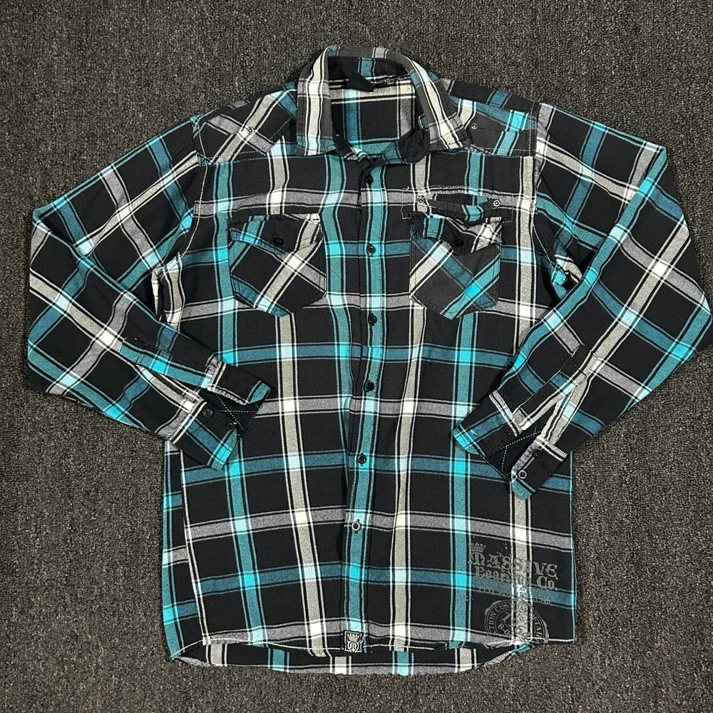 Burnside Plaid Flannel Shirt Mens Medium Turquoise Black Massive Boarding Co